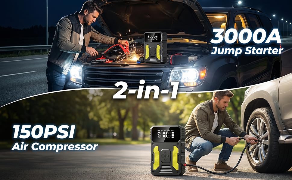 Пусковий пристрій (бустер) для авто 3000A з компресором 150 PSI, портативний Powerbank для PKW, SUV, дизель до 8L, з LED-ліхтарем та PD