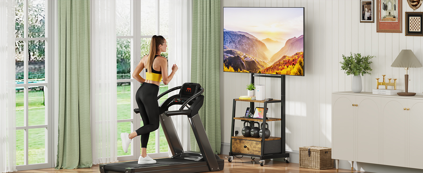 Тумба для телевізора на колесах з ящиком, для телевізорів 32-75 дюймів, регульована, з розеткою, коричнева, 140 см