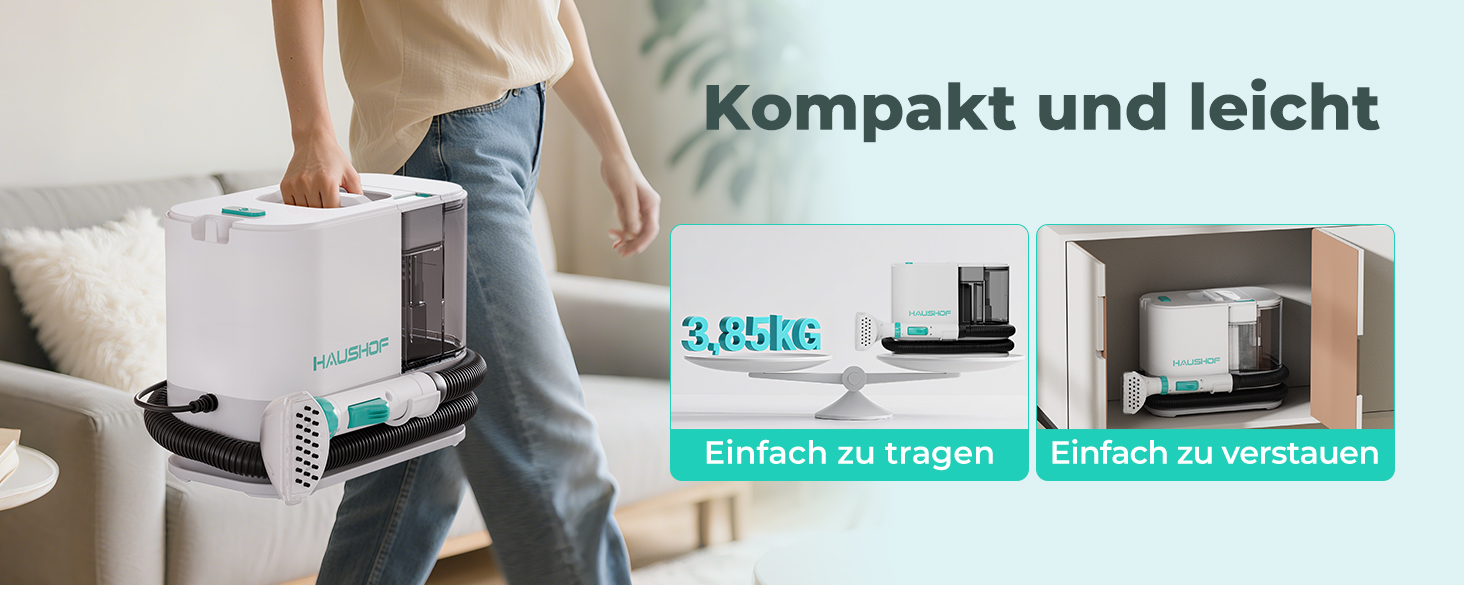 Портативний мийний пилосос для килимів та м'яких меблів HAUSHOF, 13 kPa, 2-в-1, тихий (≤77 dB)