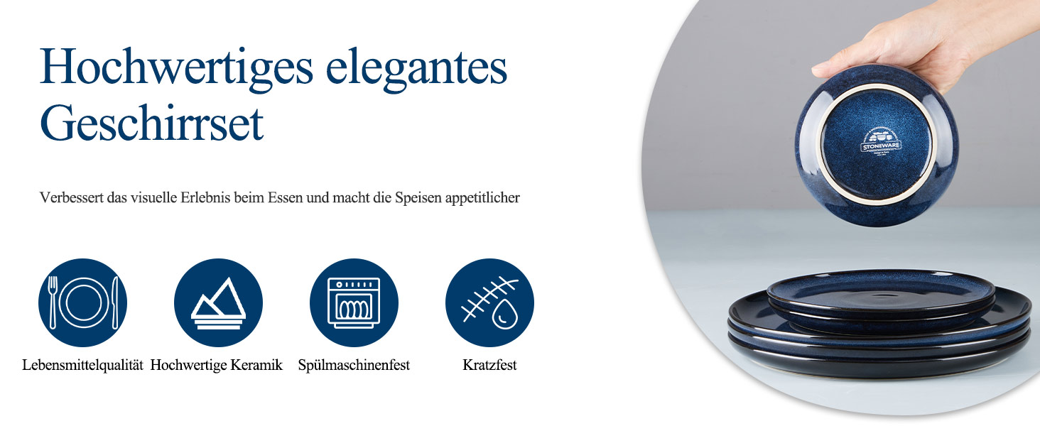 Набір посуду Joyfair на 6 осіб (18 предметів) з кераміки, блакитного кольору. Тарілки, миски, глибокі тарілки. Для мікрохвильовки та посудомийної машини.