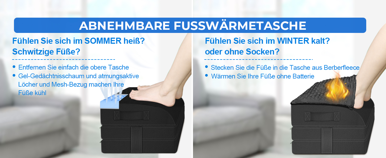 Підставка для ніг під стіл KingPavonini з гелевою піною пам'яті, 3 положення, зігріваюча сумка для ніг, підтримка спини, стегон та ніг, ергономічна підставка для офісного та геймінгового крісла (Чорний)