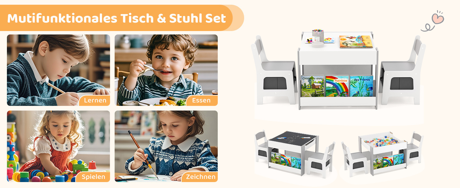 Детский стол со стульями COSTWAY 3 в 1, деревянная мебель для детей от 3 лет с откидной столешницей, полкой и ящиками