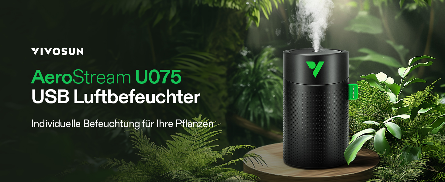 Зволожувач повітря VIVOSUN AeroStream U075 USB, 750 мл, холодний пар, 2 режими, автовимкнення, пульт, для гроубоксів