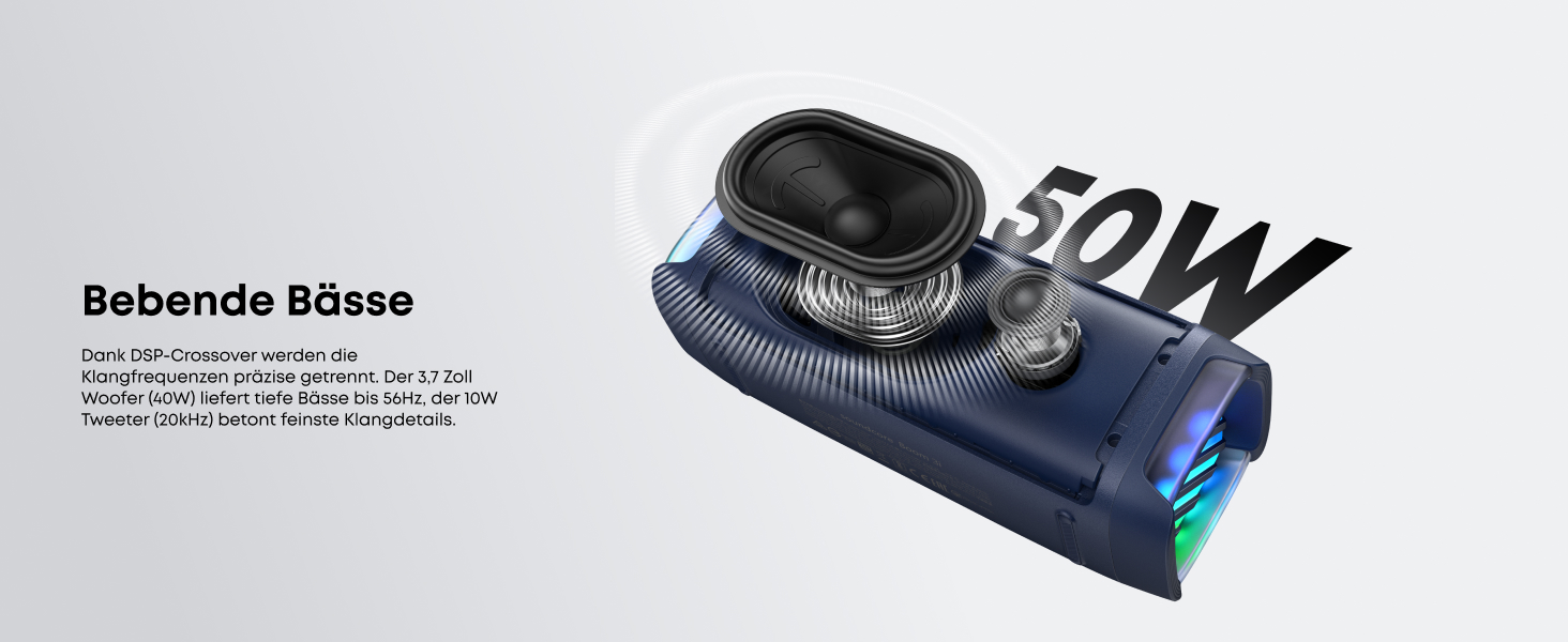Soundcore Boom 3i від Anker – портативна Bluetooth колонка, водонепроникна IP68, 50W, 16 годин, світлодіодна підсвітка, TWS Stereo, для риболовлі, каякінгу, кемпінгу (Ozeanblau)