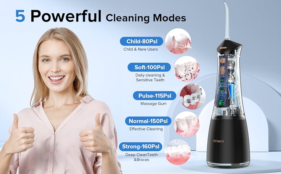 Електричний ірigator для порожнини рота Munddusche, 5 режимів, 5 насадок, 300 мл резервуар, перезаряджається, для чищення зубів та ясен, водонепроникний IPX7, чорний