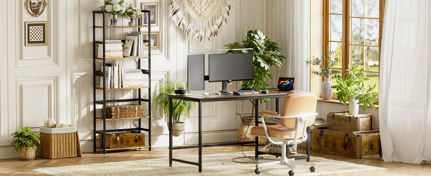 5-ярусна полиця для книг, індустріальна полиця з бамбуковим каркасом, сучасна вітрина, органайзер для зберігання з дерева для вітальні, домашнього офісу, рустикальний коричнево-чорний колір