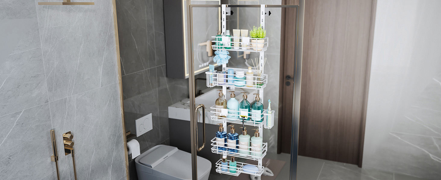 Настінна поличка для душу HapiRm з 22 гачками та 2 тримачами для зубних щіток, 5 ярусів (білий)