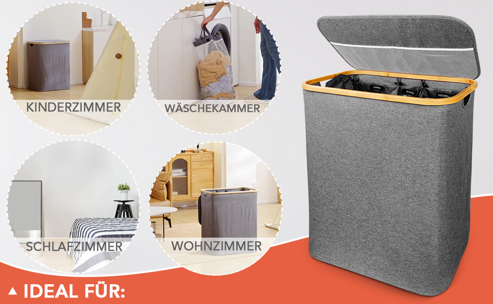 Кошик для білизни Southgate 145L з 3 відділеннями та кришкою, сірий