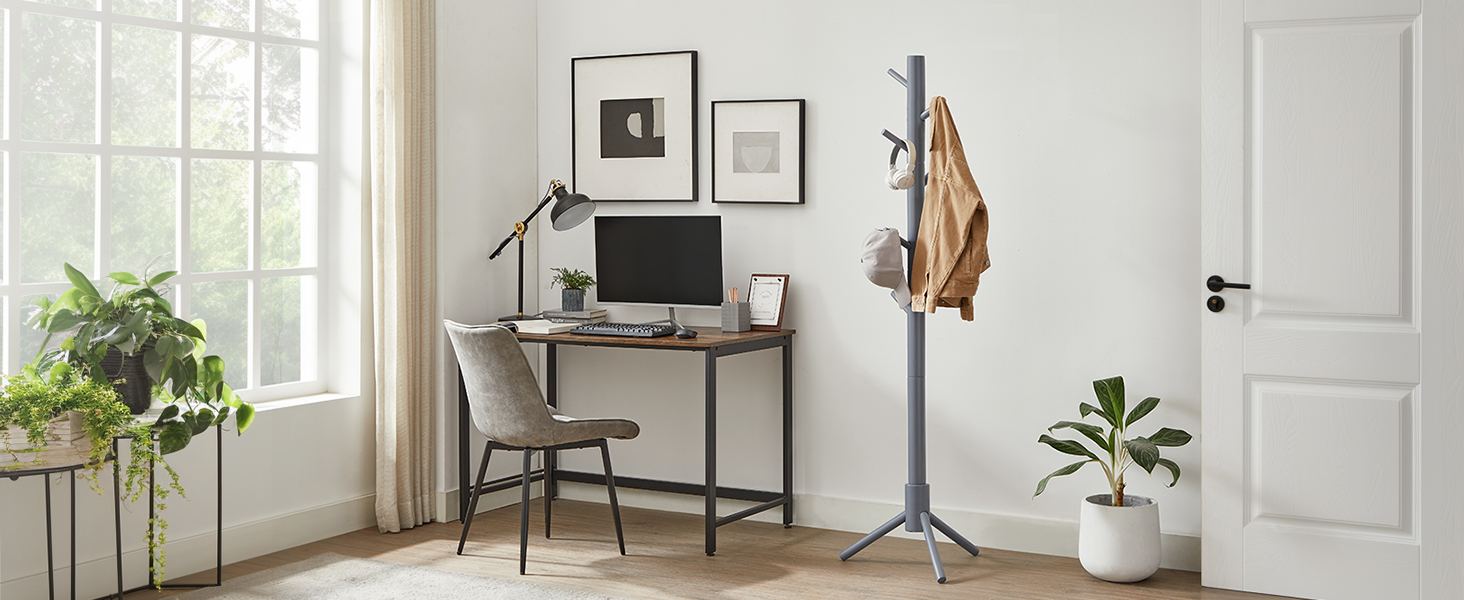 Дзеркало-вішалка для одягу VASAGLE з масиву дерева, сірого кольору, 8 гачків, 3 регульовані висоти, для вітальні, спальні, офісу