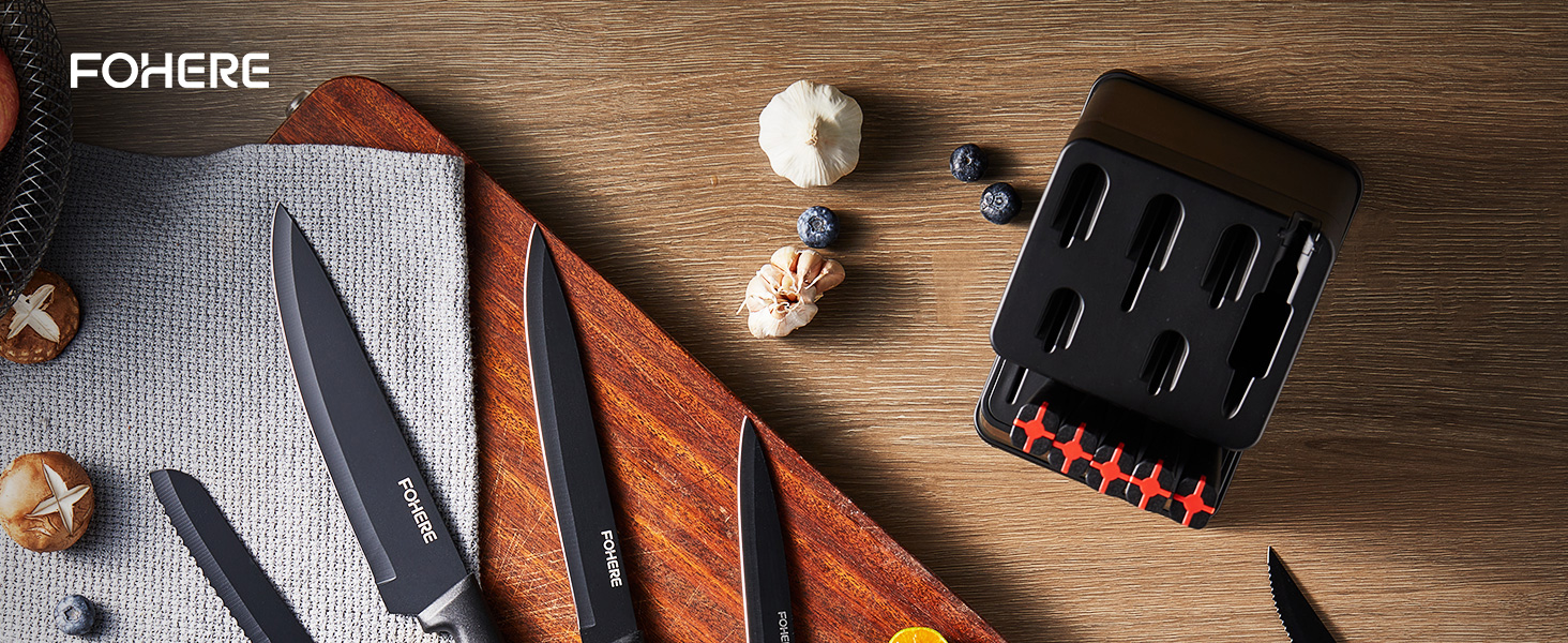 Набір ножів FOHERE 13 предметів з точилкою. Набір кухонних ножів з нержавіючої сталі з підставкою та інтегрованою точилкою (чорний)
