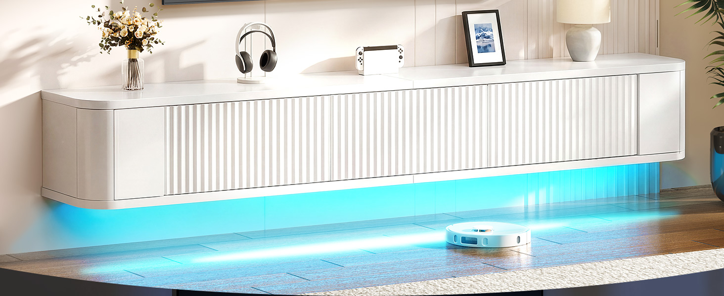Підвісний TV-тумба YITAHOME 140 см з RGB LED підсвіткою, біла глянцева медіаконсоль для вітальні та спальні (180x25x20 см)