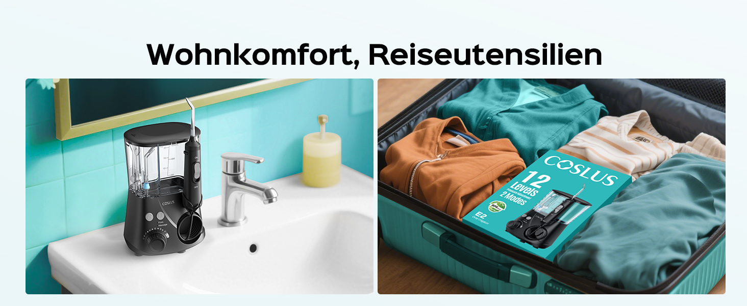 Електрична зубна душ COSLUS Munddusche Professional з 2 режимами та 12 рівнями тиску – 600 мл резервуар для води. Підходить для сімей, ентузіастів орального здоров'я та пацієнтів з ортодонтичними конструкціями. 5 насадок, чорний колір.