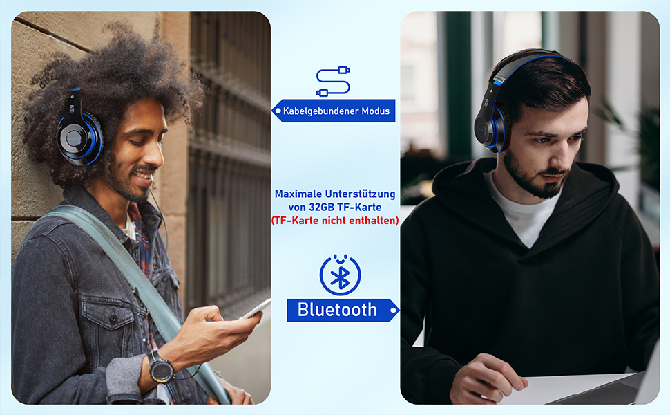 Накладні Bluetooth-навушники Lankey Sound, 6 режимів еквалайзера, 65 годин, HD-мікрофон, FM, SD/TF, Чорний синій