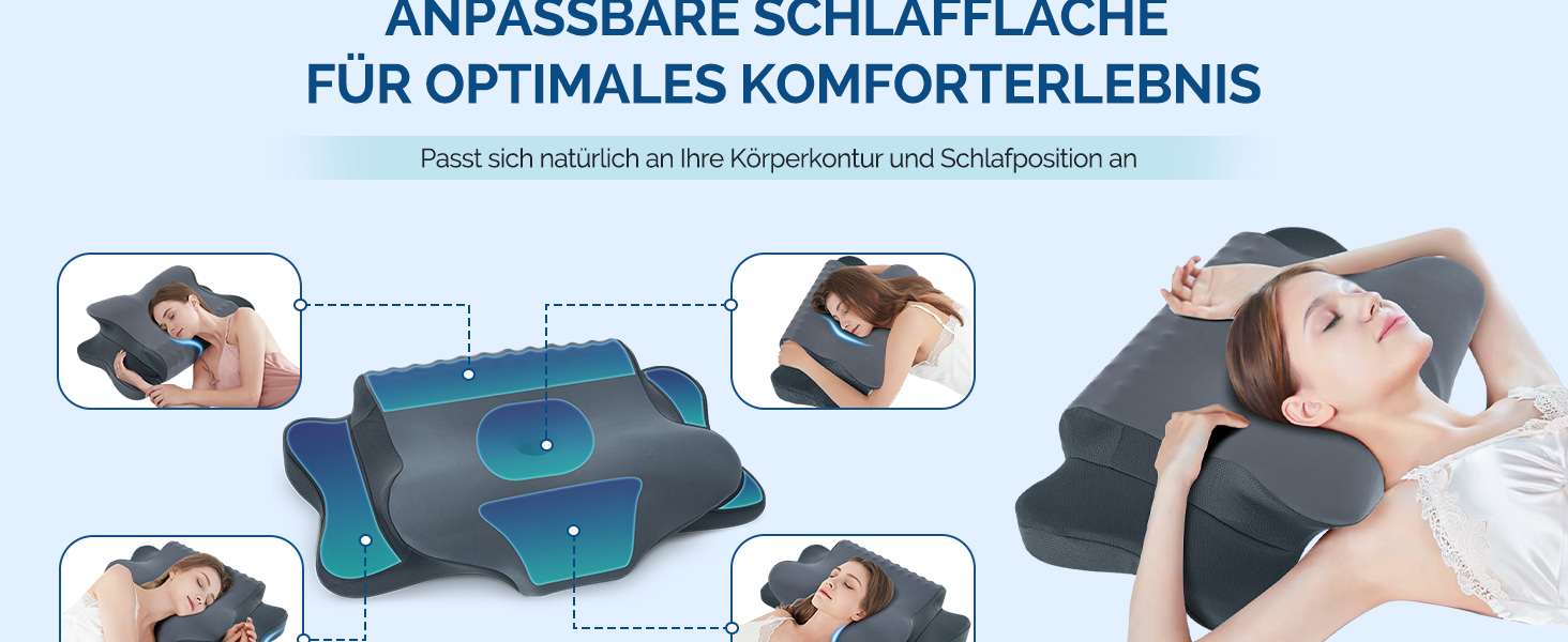 Подушка для шиї з піною з пам'яті, ергономічна подушка для сну, подушка для підтримки шиї для тих, хто спить на боці, спині та животі, сіро-білий колір (темно-сірий, 64 x 39 x 13 см)