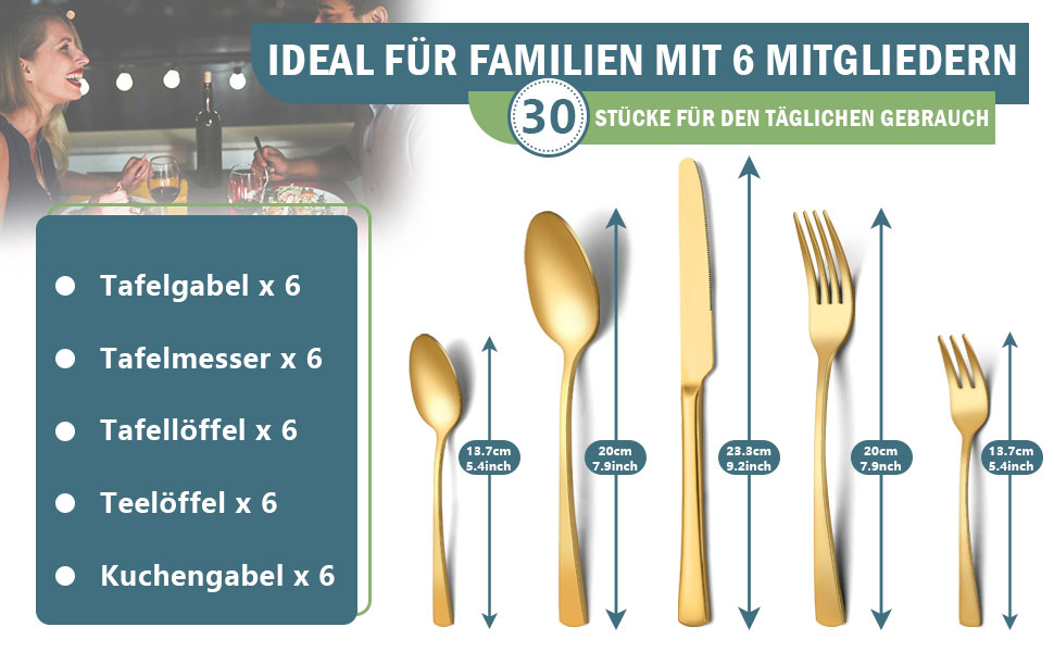 Смішні 30 шт. Набір столових приборів на 6 осіб, нержавіюча сталь, можна мити в посудомийній машині, елегантний, золото