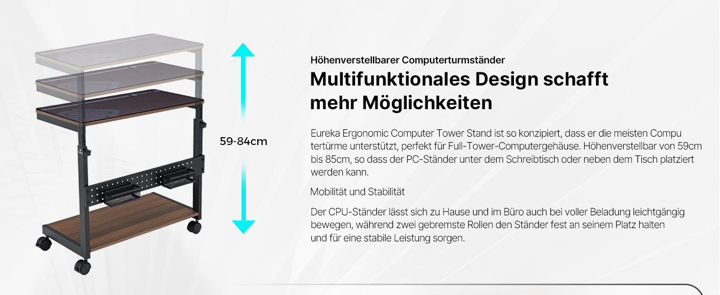 Підставка для комп'ютера EUREKA ERGONOMIC, регульована по висоті, ATX, для CPU, під стіл, з роликами та підкладкою під мишу (волоський горіх)