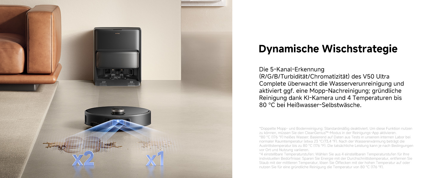 Робот-пилосос Mova V50 Ultra з функцією миття, 24000 Па, 6 см перешкода, навігація Liftable, RGB AI, LED, 80°C гаряча вода, 63°C сушка, DuoSolution, Tricut, чорний