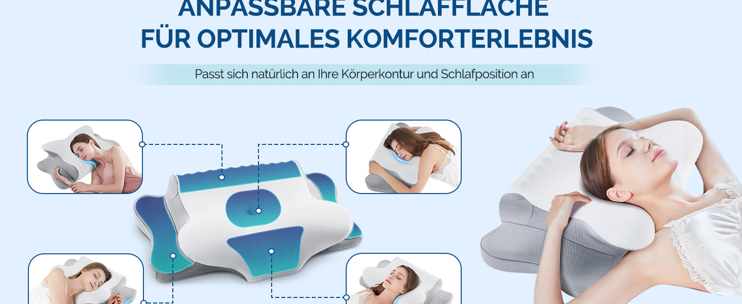 Подушка для шиї, подушка для голови з Memory Foam, ергономічна подушка для сну на боці, спині та животі, сіро-білий колір, 64 x 39 x 13 см