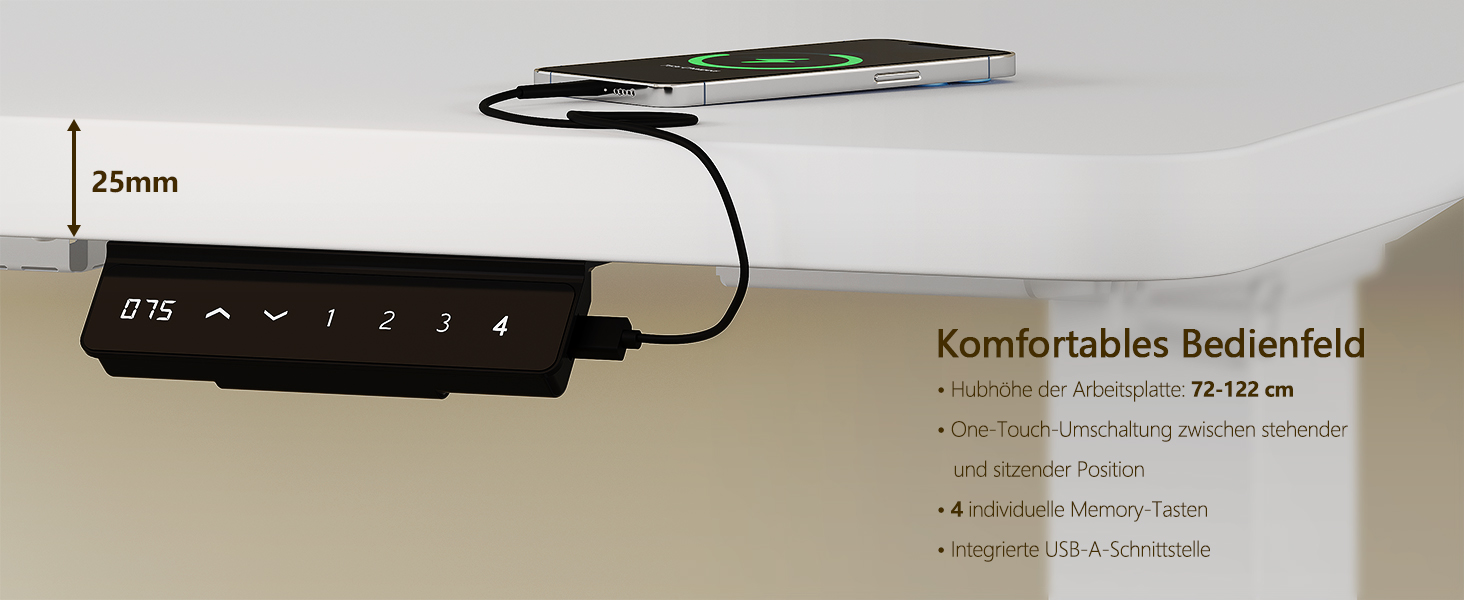 Регульований стіл, 160x80 см, електричний стоячий стіл з подвійним мотором, сенсорна панель, USB-A, кабель-менеджмент, стільниця 25 мм, ергономічний офісний стіл, білий