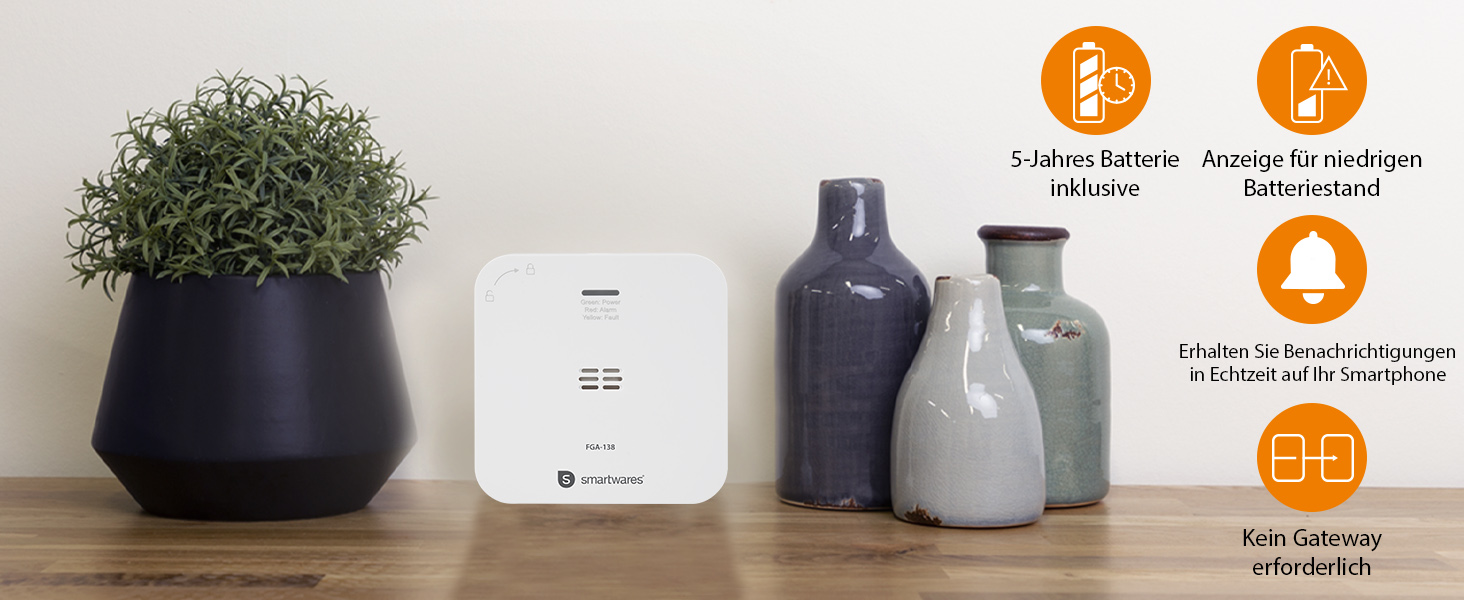 Smartwares Ко-Детектор диму та газу WiFi – 85 дБ, 10 років роботи сенсора, сповіщення через додаток, кнопка тестування, білий