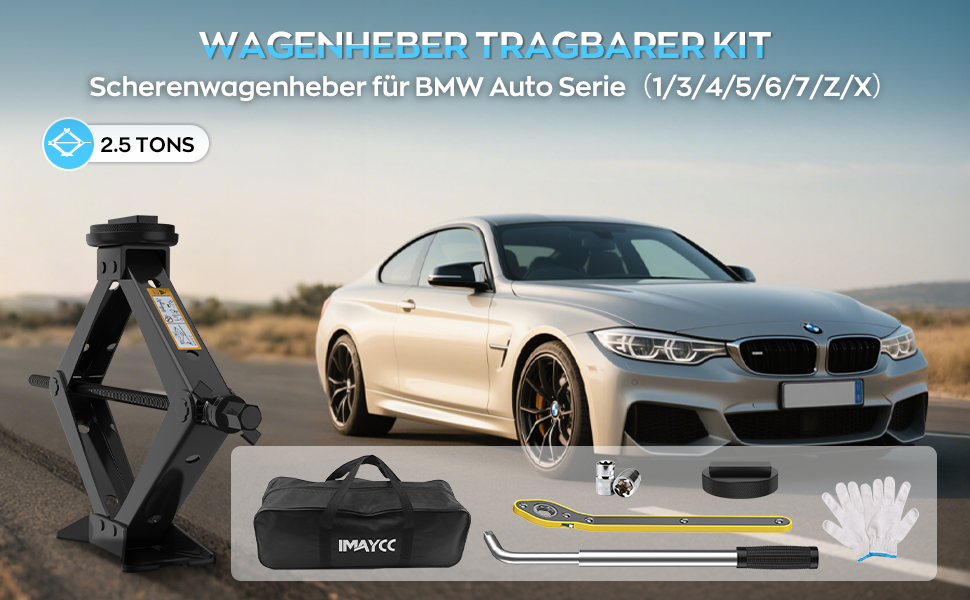 Універсальний гвинтовий домкрат-ромб IMAYCC 2.5т для BMW (Серії 1, 3, 5, 6, 7, Z, X) з гумовими накладками та торцевим ключем, чорний