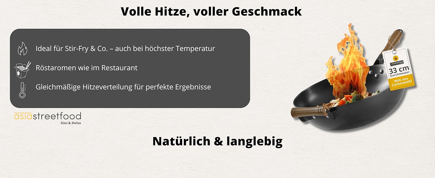 Азіатський вок Ø 33 см - міцний вуглецевий сталевий вок з плоским дном, дерев'яний ручка, підходить для газових, індукційних плит та керамічних поверхонь - не потребує обпалювання для приготування азіатських страв