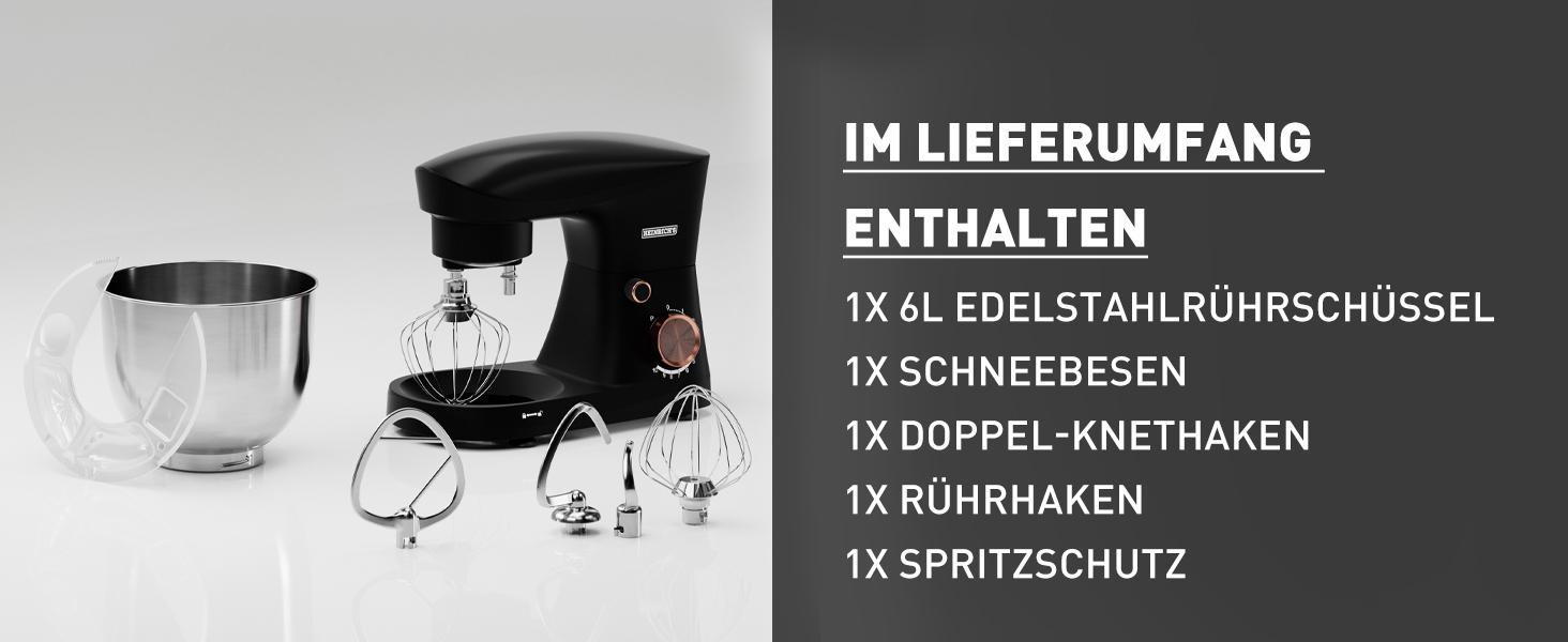 Кухонна машина Heinrichs 1500W з місткою чашею 6L з нержавіючої сталі, 10 швидкостей, титан, міксер, тістоміс, планетарний міксер