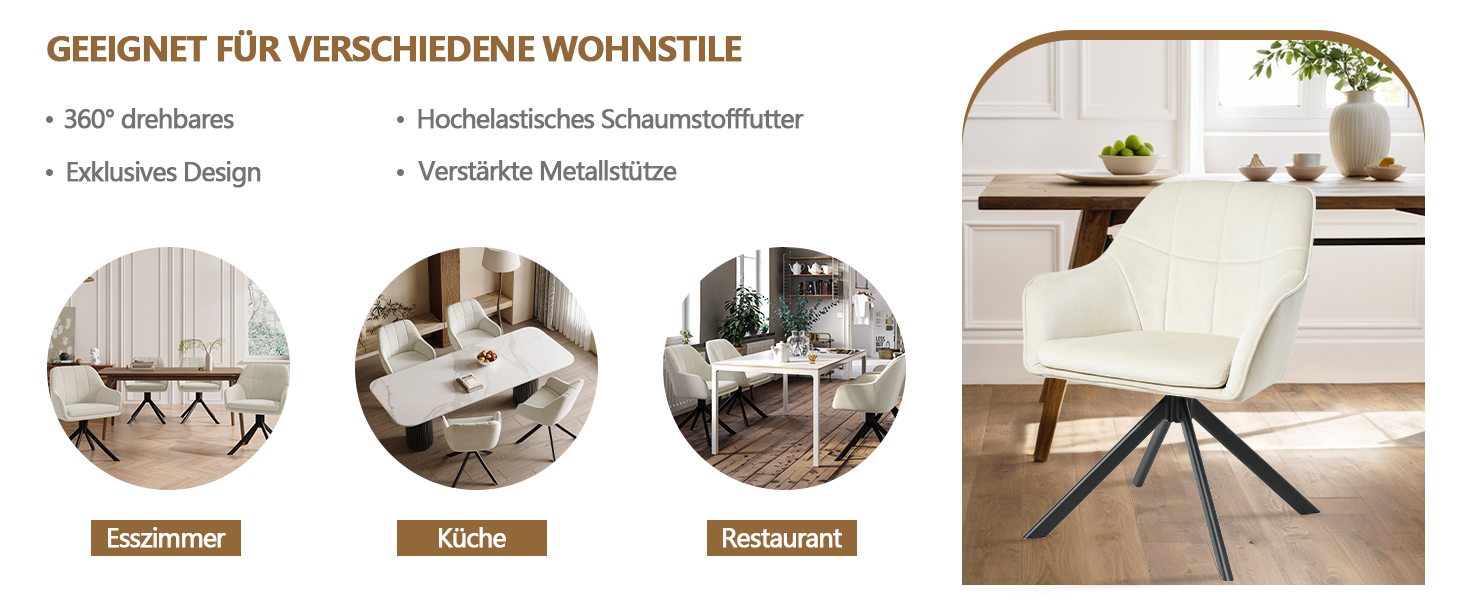 Крісла для їдальні з підлокітниками, набір обертових крісел, кухонні стільці, м'які крісла з поліестеру та металевими ніжками (2 шт., кремовий)