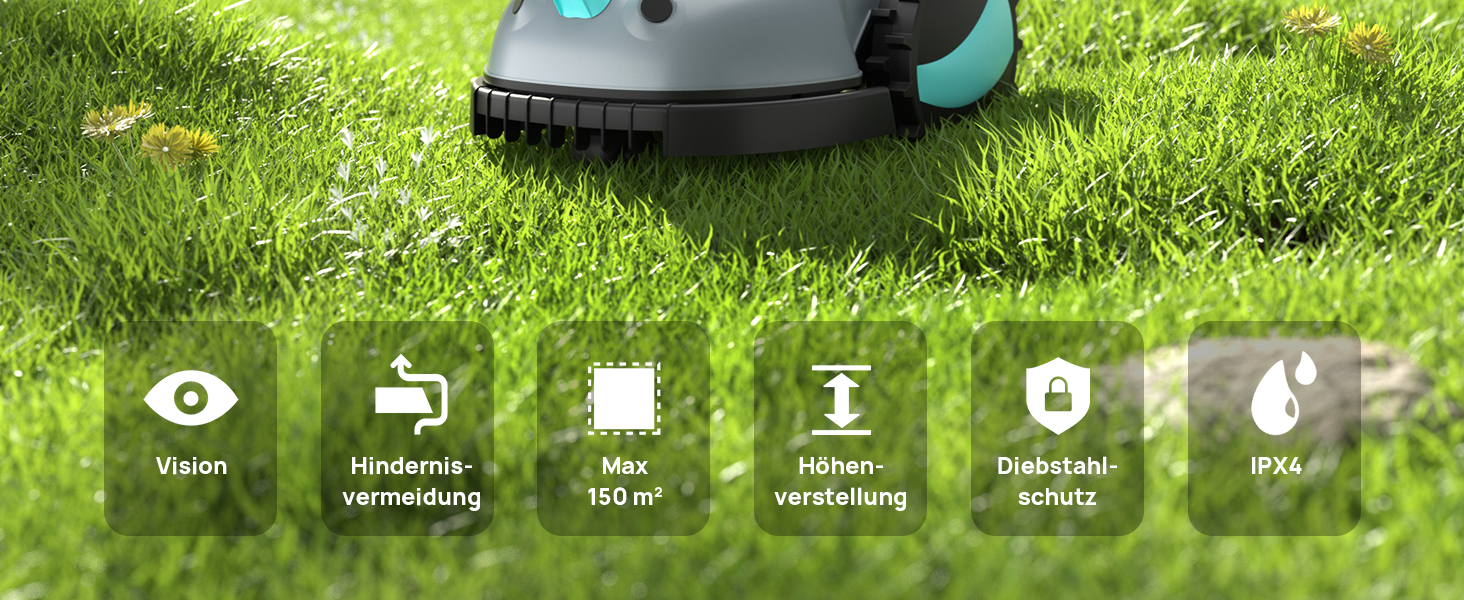 Робот-газонокосачка V100 без обмеженого кабелю з камерою, уникнення перешкод, навігація Vision, акумулятор 4 Ah, 150㎡, запасні леза, спіральне косіння (світло-сірий)