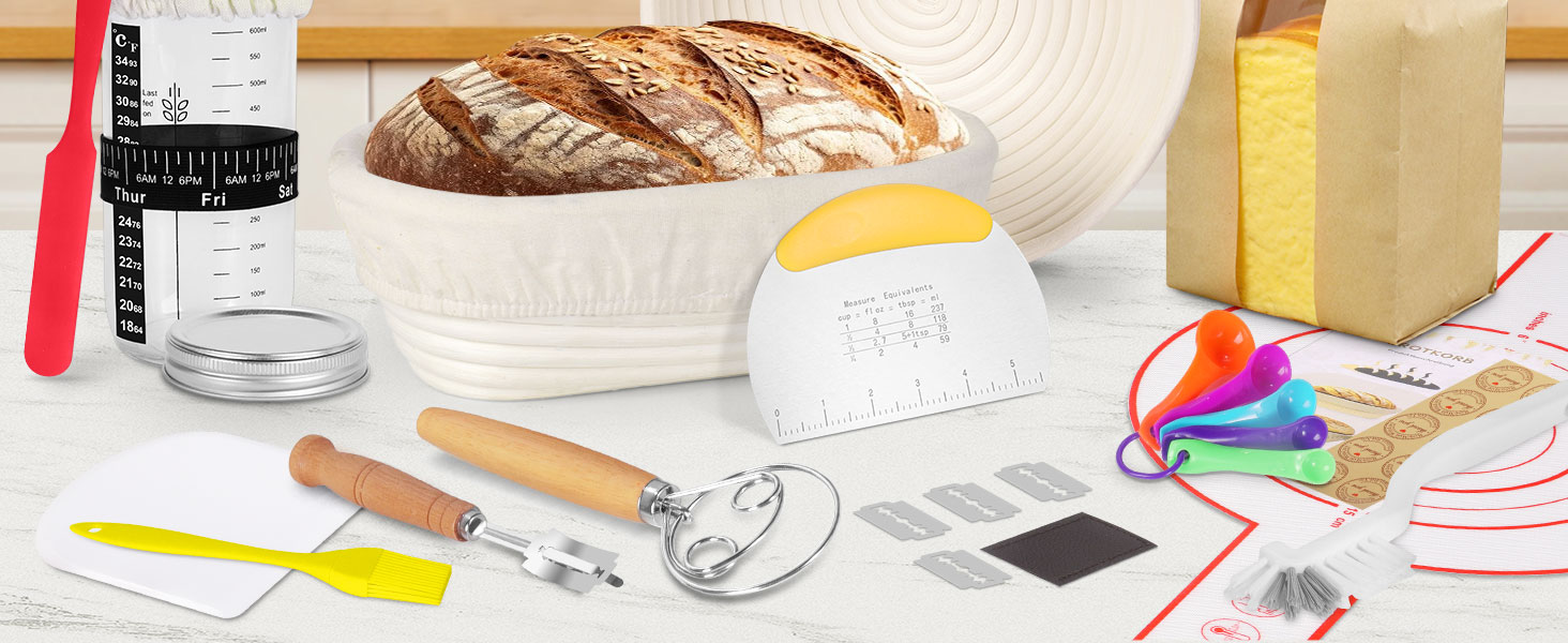 Набір для приготування закваски та випікання хліба SHANNA: корзинка для бродіння, скляна тара, скребок, мішалка, ніж (бамбук, спіральний дизайн)