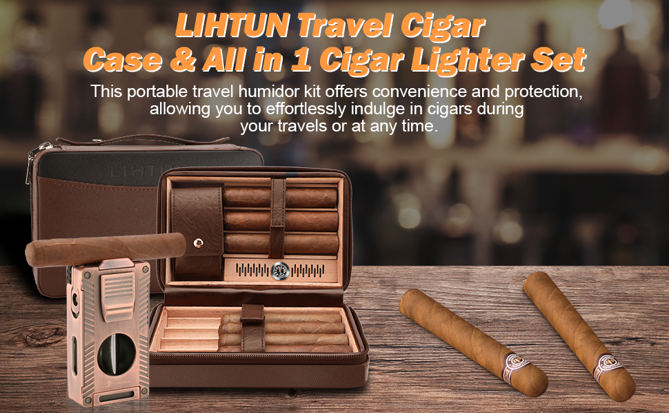 Умидник для сигар з натуральної шкіри, 5-в-1 комплект з запальничкою та вологоміром, коричневий