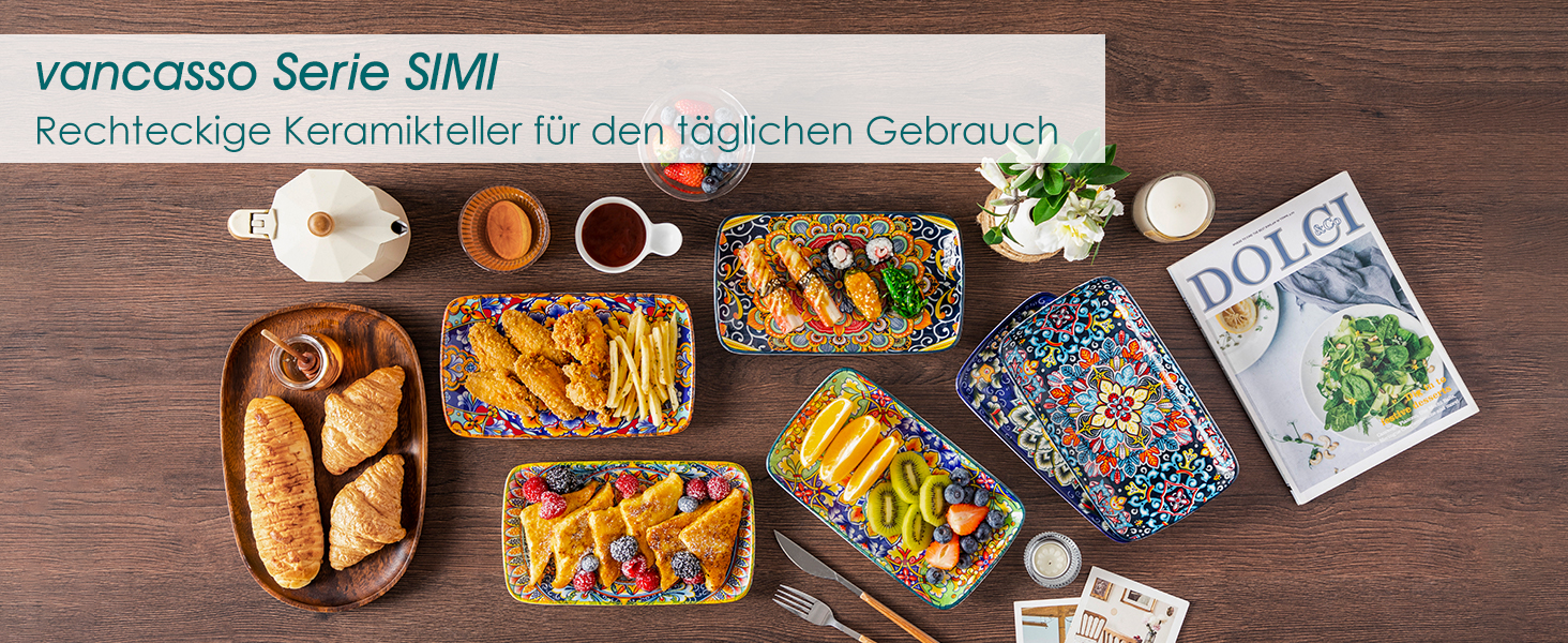 Набір тарілок Vancasso SIMI прямокутні, 6 шт. Порцелянові тарілки для сервірування, десертні, на 6 осіб, 24.7 x 14.2 см