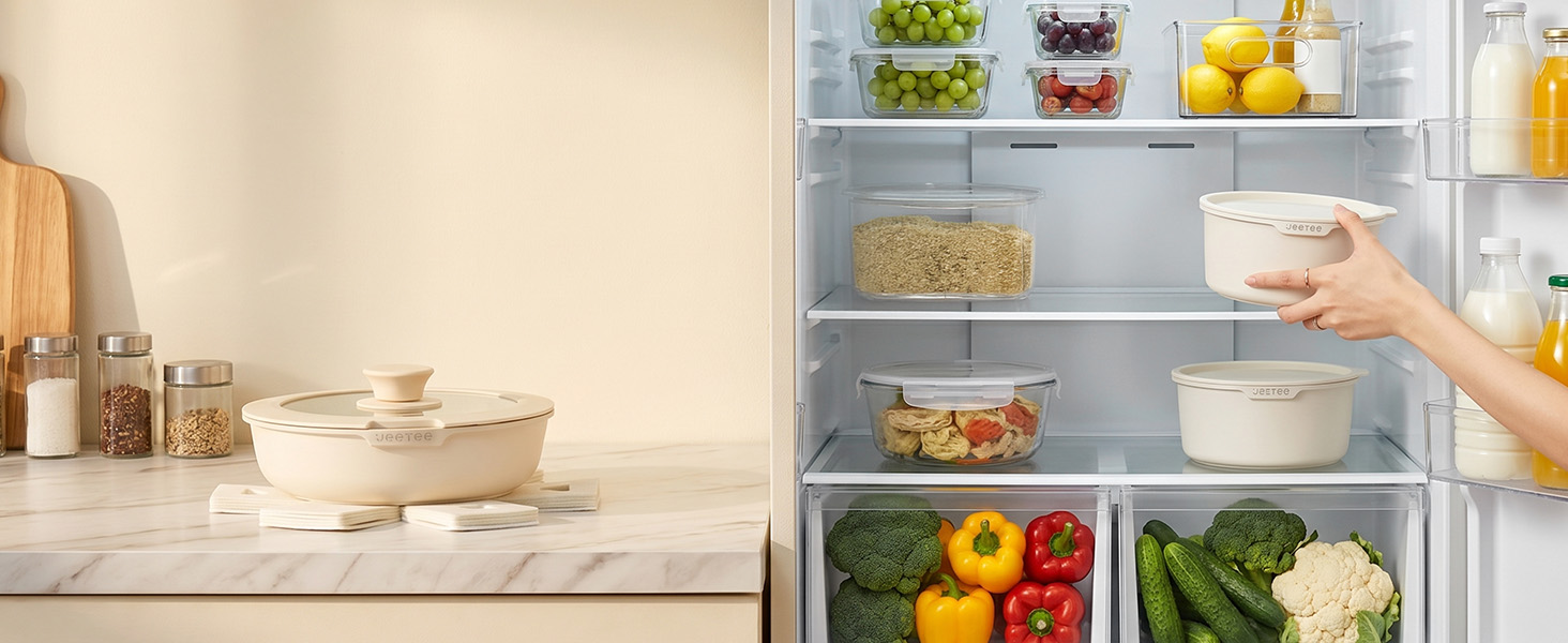 Набір посуду JEETEE 20 предметів: каструлі, сковорідки з знімними ручками, антипригарне покриття, для індукції (білий)