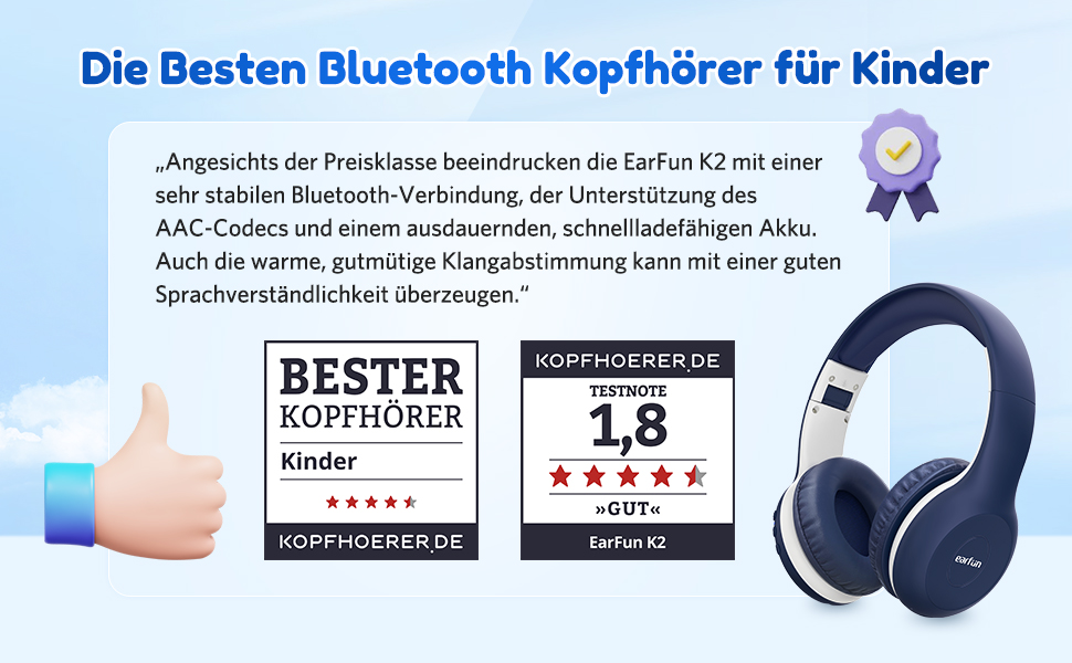 Дитячі навушники EarFun Bluetooth, 85/94 дБ, звук HiFi, HD-мікрофон, 40 годин автономної роботи, складні, темно-синій