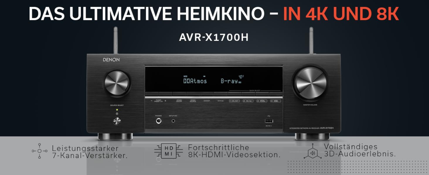 Канальний AV-ресивер Denon AVR-X1700H, Dolby Atmos, 8K HDMI, Bluetooth, Wi-Fi, Alexa, Чорний, 7.2-