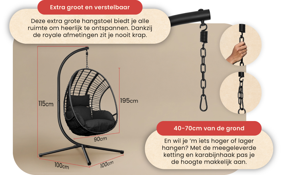 Крісло-гойдалка Swoods XXL з металевим каркасом - для дому та вулиці, з подушкою - яйцеподібне крісло, до 150 кг (темно-сірий)