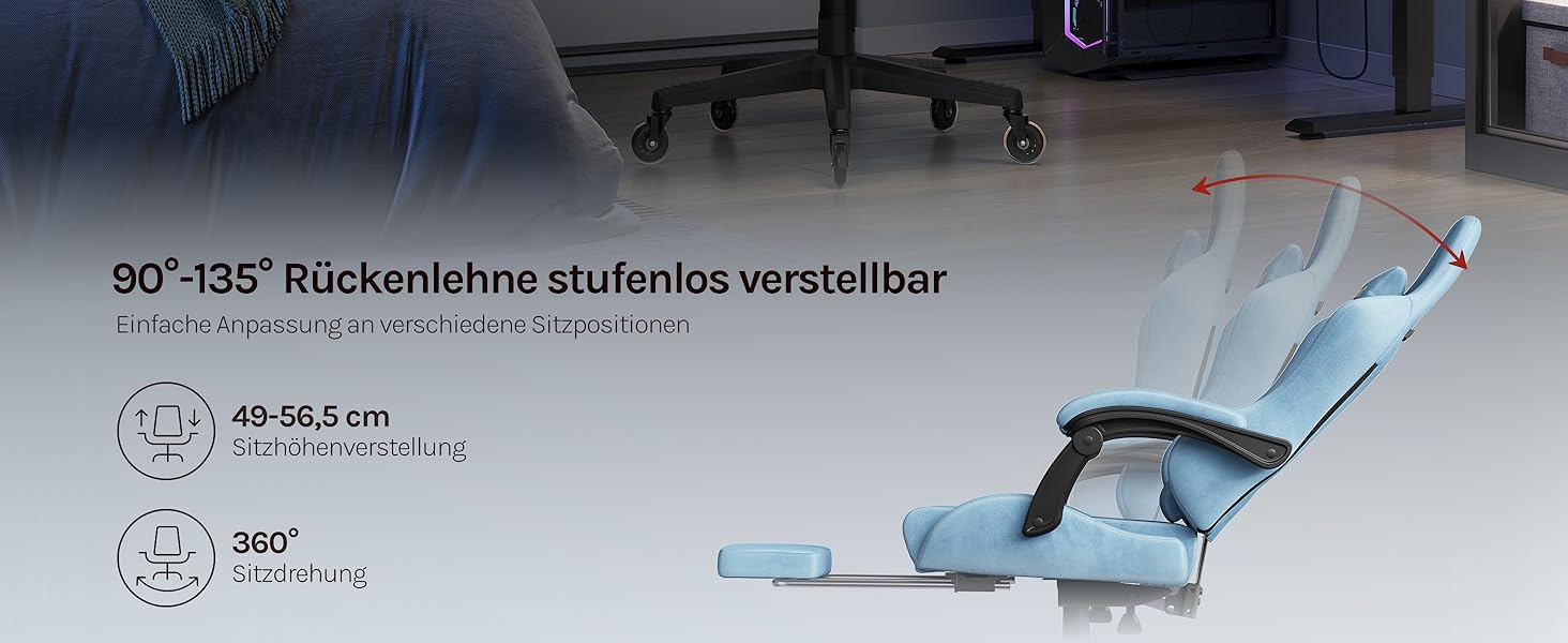 Ігровий крісло WOLTU з регульованою спинкою, обертовий офісний крісло з підлокітниками, підставкою для ніг, поперековою підтримкою, підголівником, блакитний