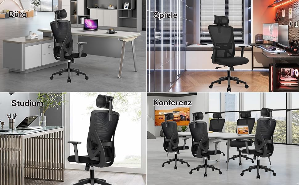 Ергономічне офісне крісло з підголівником та поперековою підтримкою, поворотне, з регульованими підлокітниками, чорне, для дому та офісу