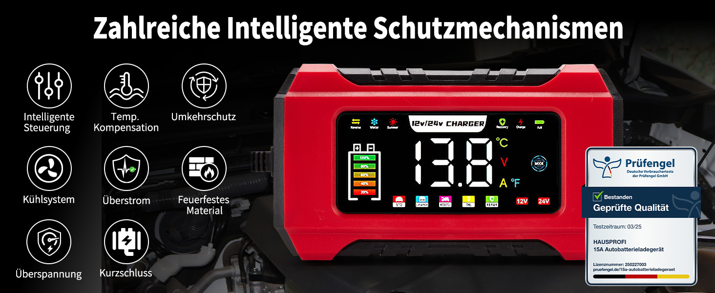 Зарядний пристрій для акумулятора HAUSPROFI 15A 12V/24V з функцією ремонту та підтримання заряду, 9-ступінчаста зарядка, LCD-дисплей для авто, вантажівки, мотоцикла, човна. Підходить для акумуляторів: свинцево-кислотних, AGM, EFB, LiFePO4