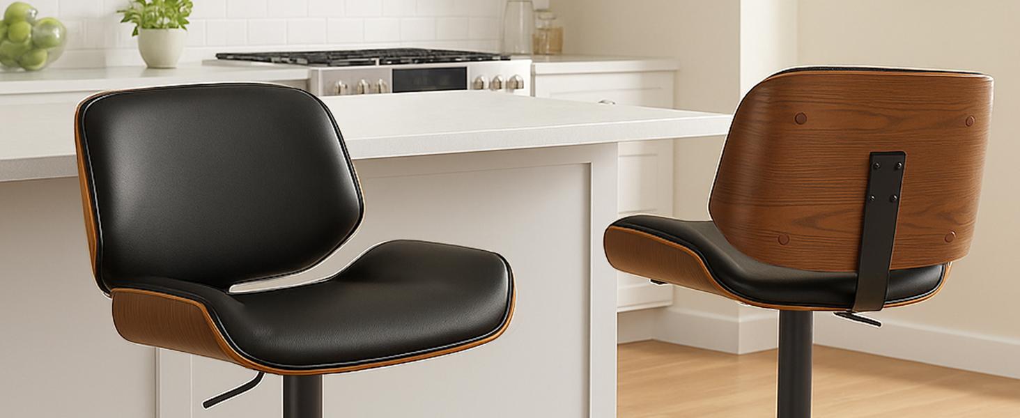 Барний стілець CLP Beverley з штучної шкіри, регульована висота та поворот, дерев'яний табурет з підніжкою, колір: горіх/чорний