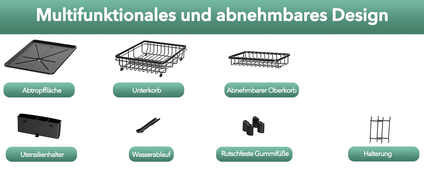 Сушарка для посуду ROTTOGOON розширювана, 2-ярусна, чорна: нержавіюча сталь, з висувним носиком та відділенням для столових приборів