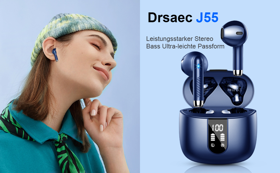 Навушники-вкладиші Drsaec Bluetooth 5.3, бездротові, 4 мікрофони, шумозаглушення ENC, 48H, IP7, USB-C, синій