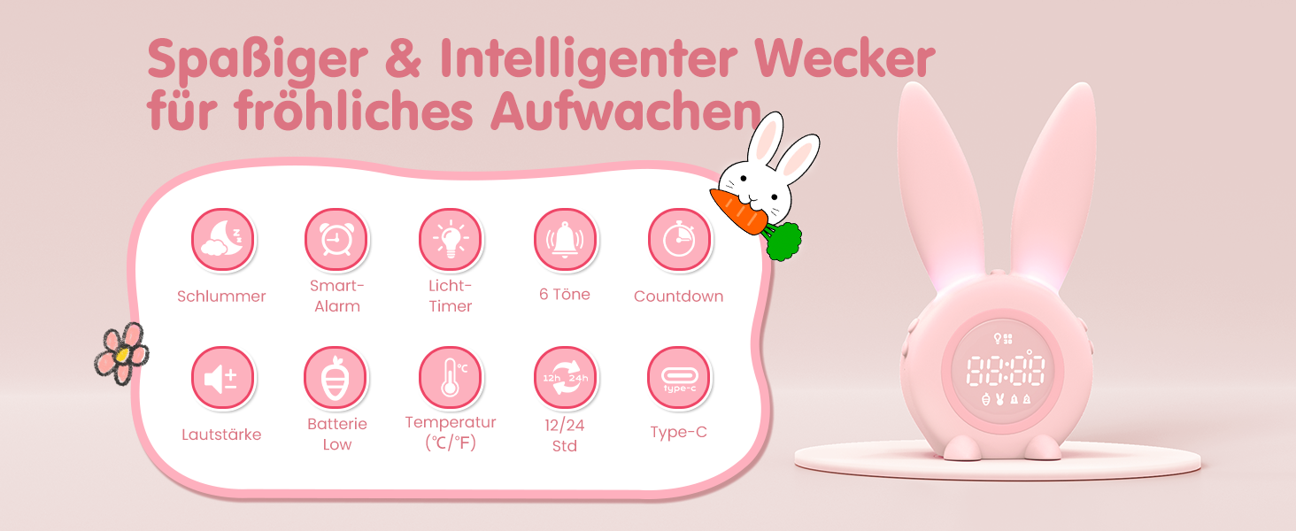 Дитячий ліхтарик-будильник Homealexa Зайчик: Нічник, функція повтору будильника, рожевий