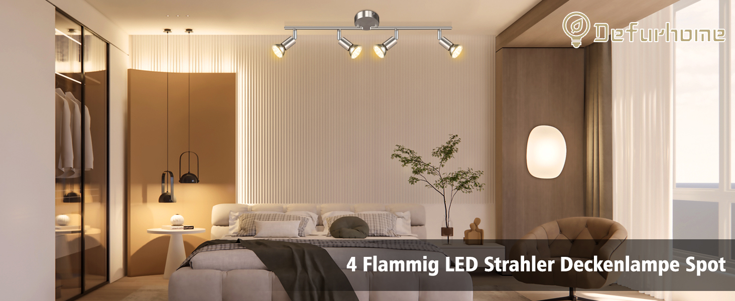 Стельовий LED світильник Defurhome на 4 поворотні споти, сучасна люстра-спот у кольорі матовий нікель для кухні, вітальні та спальні, з 4 лампами GU10 по 4W (тепле біле світло), сріблясто-сірий