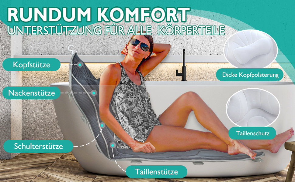 Подушка для ванни Luxus Dicke: повний корпус, підтримка голови, шиї та плечей. Комфорт, розслаблення, аксесуари для спа. Ідеально для ванни (Сірий)