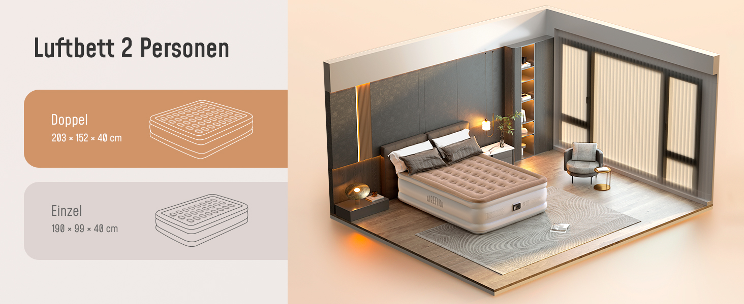 Надувна матрац Airefina з інтегрованим насосом, преміум-якість, для гостей, кемпінгу та дому, 203x152x40 см, на 2 особи