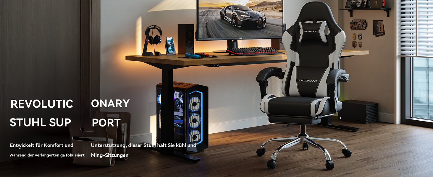 Ігровий крісло Dowinx з підніжкою та масажем попереку. Ергономічне, комфортне, з підголовником. Ідеально для офісу, дому, стрімінгу та тривалих ігрових сесій, біле.