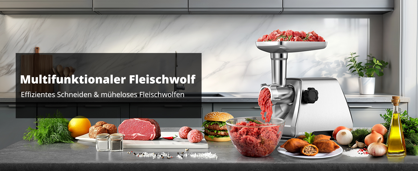 Електрична м'ясоподрібнювач AIRMSEN з насадкою для ковбас, 2 леза з нержавіючої сталі, 3 диски, аксесуар Куб, тихий промисловий двигун, для дому, нержавіюча сталь