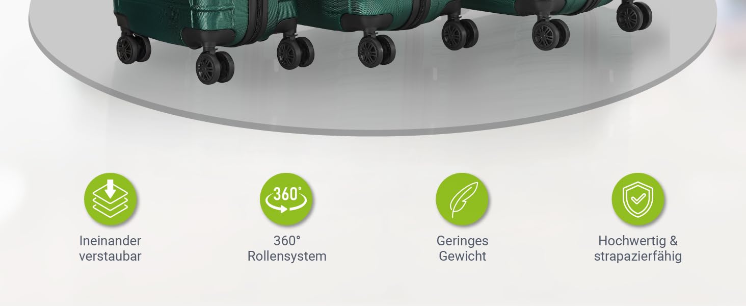 Набір валіз Juskys Hartschale 3 в 1 - зелений колір, захисний корпус, кодований замок, тихі колеса, телескопічна ручка