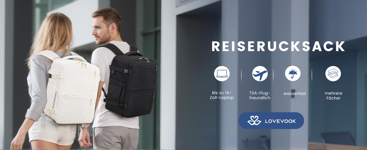 Рюкзак LOVEVOOK для ручної поклажі 40x30x20, 24л, для ноутбука 14 дюймів, з USB, чорний